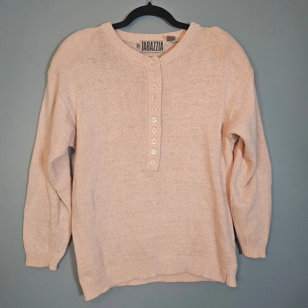 Vintage Tarazzia Women's Pink Knit Henley Button Up Angora Blend Sweater Size M